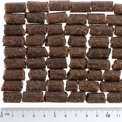 Prim-plan cu bucăți de recompense cilindrice, maro, cu scară de măsurare în centimetri până la 10 cm în partea de jos a imaginii.