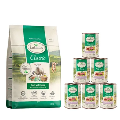 Pack alimentación mixta: pienso 10 kg + 6 x 400 g comida húmeda Lukullus - Pienso pato criollo y cordero (10 kg) + latas corazón de pavo y ganso (6x400g) Pack alimentación mixta: pienso 10 kg + 6 x 400 g comida húmeda Lukullus - Pienso pato criollo y cordero (10 kg) + latas corazón de pavo y ganso (6x400g)