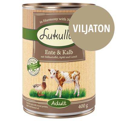 Lukullus Ente & Kalb, viljaton, 400 g. Kuvassa ankka ja vasikka, teksti: mit Süßkartoffel, Apfel und Leinöl. Adult. Original taste. Ursprünglicher Geschmack.