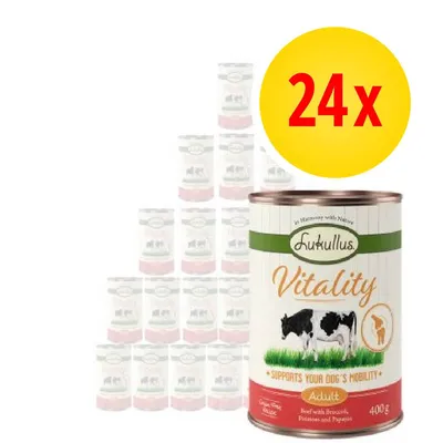 24x Lukullus Vitality Adult, 400 g, manzo con broccoli, pastinaca e papaya. Testo visibile: Supports your dog's mobility. 24x Lukullus Vitality Adult, 400 g, manzo con broccoli, pastinaca e papaya. Testo visibile: Supports your dog's mobility.
