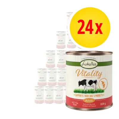 24x Lukullus Vitality Adult, manzo con broccoli, patate e peperoni, lattina da 800 g. Testo visibile: supports your dog's mobility. 24x Lukullus Vitality Adult, manzo con broccoli, patate e peperoni, lattina da 800 g. Testo visibile: supports your dog's mobility.