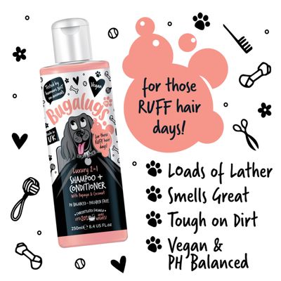 Bugalugs Luxury 2-in-1 Shampoo and Conditioner with papaya and coconut. Features: loads of lather, smells great, tough on dirt, vegan, pH balanced, paraben free, tested by humans.