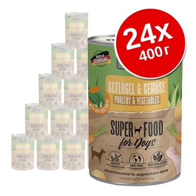 24 банки по 400 г MAC's Super Food for Dogs, Geflügel & Gemüse (птица и овощи), надпись Made in Germany, без зерна, для взрослых собак. Текст на немецком и английском языках. 24 банки по 400 г MAC's Super Food for Dogs, Geflügel & Gemüse (птица и овощи), надпись Made in Germany, без зерна, для взрослых собак. Текст на немецком и английском языках.