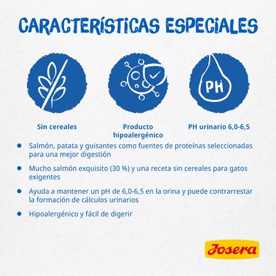 Características especiales: sin cereales, producto hipoalergénico, pH urinario 6,0–6,5. Salmón, patata y guisantes como proteínas, 30 % salmón, ayuda a mantener el pH, fácil de digerir. Josera.