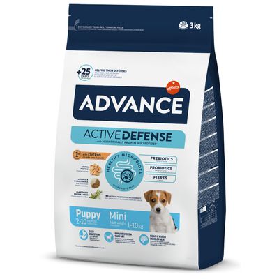 Confezione Advance Active Defense Puppy Mini 3 kg, con pollo, per cuccioli 2–10 mesi peso adulto 1–10 kg. Prebiotici, probiotici, fibre. Supporto digestione, sistema immunitario, sviluppo cerebrale.