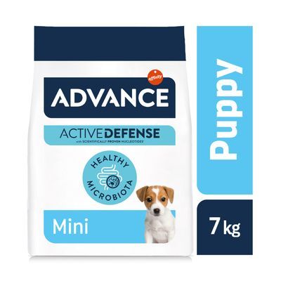 ADVANCE Active Defense Mini Puppy -koiranruoka, Healthy Microbiota, 7 kg. Pakkauksessa vaaleansinisiä ja tummansinisiä tekstejä sekä kuva koiranpennusta.