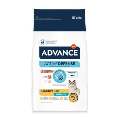 Advance Active Defense Sensitive Care Sterilized pour chat, 1,5 kg, avec saumon et riz, prébiotiques, fibres, bien-être digestif, contrôle du poids, soin peau et pelage, photo de chat visible.