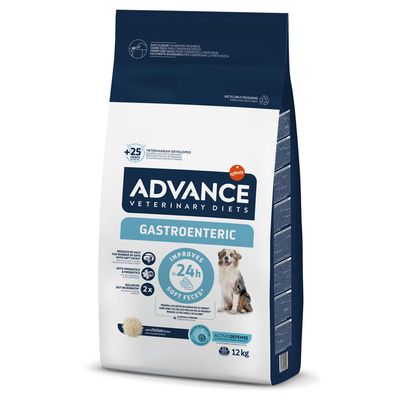 Saco de 12 kg de ração Advance Veterinary Diets Gastroenteric para cães, com imagem de cão, indicações sobre fezes moles em 24h, prebióticos, microbiota intestinal equilibrada e frango.
