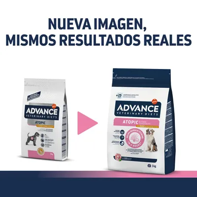 Comparación de dos envases Advance Veterinary Diets Atopic 3 kg para perros, con texto: 'Nueva imagen, mismos resultados reales'. El diseño del paquete cambia pero el producto es el mismo.