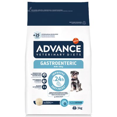 ADVANCE Veterinary Diets Gastroenteric Mini <10kg, 3kg bag. Text: Improves in 24h soft feces, reduces by half the number of days with soft feces, with chicken & rice, ActiveDefense.