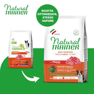 Due confezioni di crocchette per cani Natural Trainer Medium Adult con Manzo, testo visibile: 'Ricetta ottimizzata, stesso sapore', 'Daily Nutrition', 'Benessere intestinale', peso 3 kg.