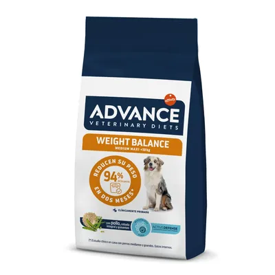 Advance Veterinary Diets Weight Balance Medium Maxi +10 kg. Reducen su peso 94% de los perros en dos meses. Con pollo, cebada integral y guisantes. Active Defense.