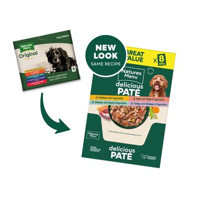 Image showing packaging change for Natures Menu multipack. New look, same recipe. Contains 8 packs: chicken with vegetables, beef with tripe, chicken with duck, turkey with chicken.