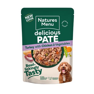 Natures Menu delicious pâté, turkey with chicken and vegetables. Bowl-lickingly tasty. No added colourants or preservatives. With natural ingredients.