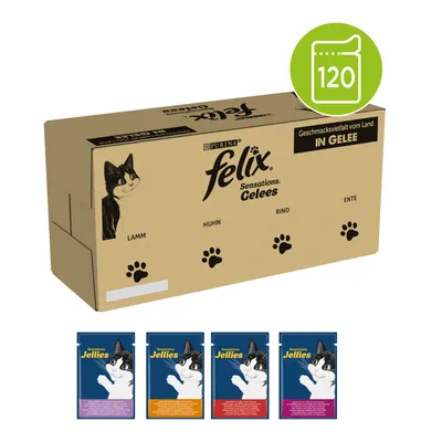 Purina Felix Sensations Gelees box, 120 pouches. Visible flavours: Lamm, Huhn, Rind, Ente. Four sample pouches shown below with Felix cat image and Jellies branding.