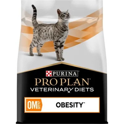 Purina Pro Plan Veterinary Diets OM St/Ox Obesity product packaging with a cat image and obesity label visible.