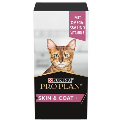 Purina Pro Plan Skin & Coat+ z Omega-3 i 6 oraz witaminą E. Opakowanie z wizerunkiem kota.