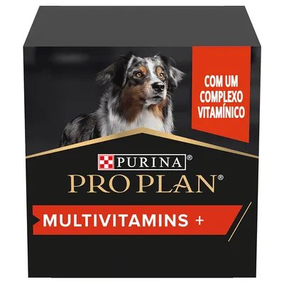 Embalagem Purina Pro Plan Multivitamins +, com imagem de cão e texto: 'Com um complexo vitamínico'.