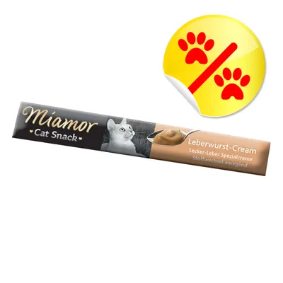 Miamor Cat Snack Leberwurst-Cream, Lecker-Leber Spezialcreme, Stoffwechsel anregend. Gelbes Symbol mit zwei roten Pfoten und Schrägstrich.