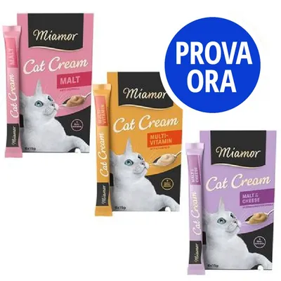 Miamor Cat Cream in tre varianti: Malt, Multi-Vitamin, Malt & Cheese. Confezioni da 6x15g con immagine di gatto e scritta promozionale 'PROVA ORA' su sfondo blu.
