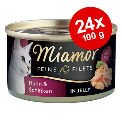 Miamor Feine Filets Huhn & Schinken in Jelly, 100 % Filet, dåse med billede af kat. Rød cirkel med tekst: 24x 100 g.