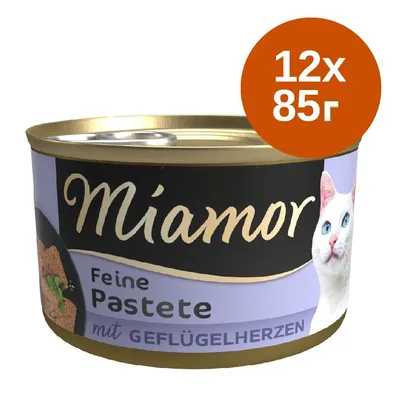 Консерва Miamor Feine Pastete mit Geflügelherzen, изображение на котка, 12×85 г. Текстът „mit Geflügelherzen“ е на немски език.