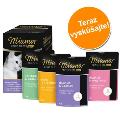 Miamor Feine Filets Mini, mix balenie kapsičiek pre mačky: Thunfisch & Gemüse, Huhn & Thunfisch, Thunfisch & Calamari, Thunfisch & Krebsfleisch, 4 druhy po 50 g. Teraz vyskúšajte!