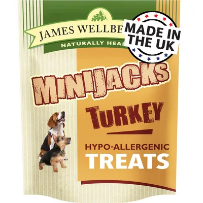 MiniJacks turkey hypo-allergenic treats, made in the UK, as shown on product packaging. MiniJacks turkey hypo-allergenic treats, made in the UK, as shown on product packaging.
