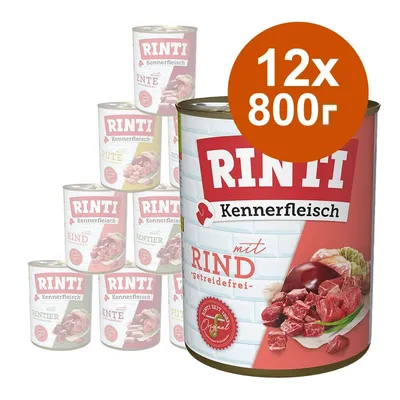 Консерва Rinti Kennerfleisch mit Rind, 12×800 г. Видими са различни варианти на консерви с етикети: Ente, Pute, Rentier, Rind. Надпис: getreidefrei.