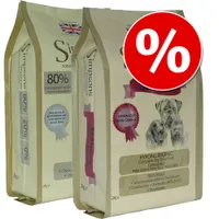 Simpsons Premium -koiranruokapakkaukset, 2 kg. Tekstit: 80 % chicken/fish/turkey, grain free 45 % chicken, hypoallergenic, ei viljoja/soijaa/maitotuotteita. Tarjousmerkki (%) näkyvissä.