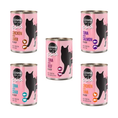 Cosma Asia Katzenfutter in Gelee, Sorten: Chicken with Liver, Tuna with Salmon, Tuna with Beef, Tuna with Crab, Chicken with Tuna. Multi Protein, Pure Meat & Fish.