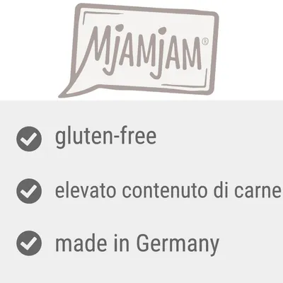 Mjamjam, gluten-free, elevato contenuto di carne, made in Germany. Testo in parte in inglese.