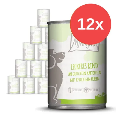 12x konzerv MjAMjAM Leckeres Rind an gekochten Kartoffeln mit knackigen Erbsen, nápisy: getreidefrei, viel Fleisch. Text v němčině. 12x konzerv MjAMjAM Leckeres Rind an gekochten Kartoffeln mit knackigen Erbsen, nápisy: getreidefrei, viel Fleisch. Text v němčině.