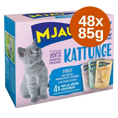 Mjau Kattunge 48x85g, 100 % animaliska proteiner, i gelé, med lax, nötfärs och kyckling. Utan tillsatt socker, med viktiga mineraler och vitaminer.