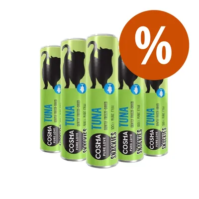 Confezioni di Cosma Snackies Pure Love Tuna, 100% pure fish, gently freeze-dried. Offerta speciale indicata dal simbolo %. Testo in inglese visibile sull'imballaggio.