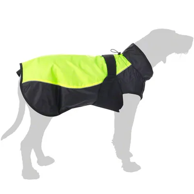 Abrigo impermeable para perro en color negro y amarillo neón, con cierre de velcro visible en el lomo. El abrigo cubre el torso del animal y tiene ajuste en el cuello.