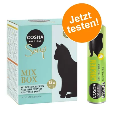 Cosma Pure Love Soup Mix Box mit 12x40g Hühner- und Fischsuppe in feiner Brühe. Cosma Snackies Chicken, gefriergetrocknetes Fleisch. Orangefarbener Kreis: Jetzt testen!