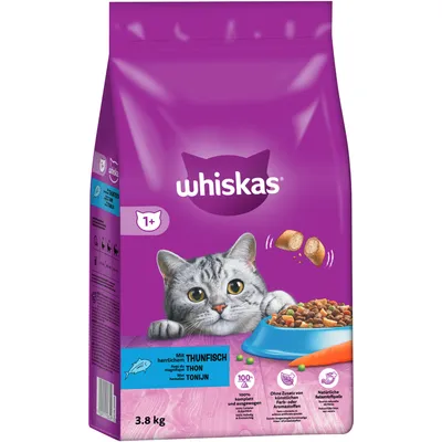 Whiskas croquettes pour chats dès 1 an, 3,8 kg, au thon, 100 % équilibré, sans colorants ni arômes artificiels, fibres naturelles.