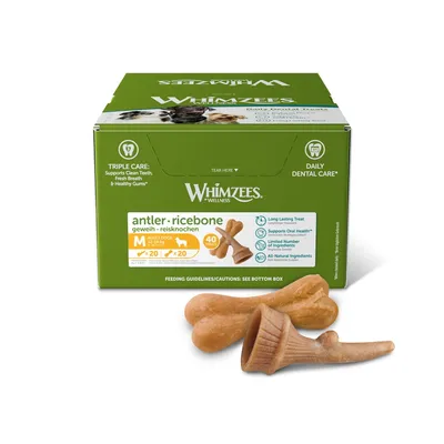 Box of antler ricebone dental treats, medium size for adult dogs 12-18kg, 40 pieces. Features: long lasting, supports oral health, limited ingredients, all-natural.