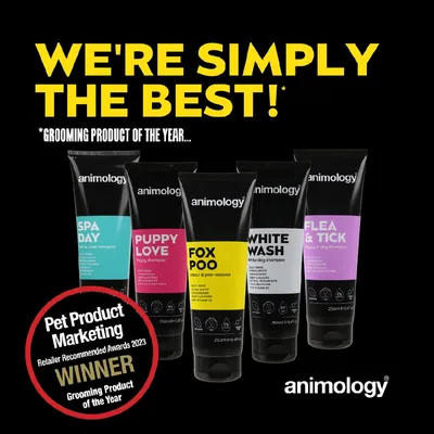 Animology grooming shampoos awarded Pet Product Marketing Winner 2023 for Grooming Product of the Year. Visible variants: Spa Day, Puppy Love, Fox Poo, White Wash, Flea & Tick.