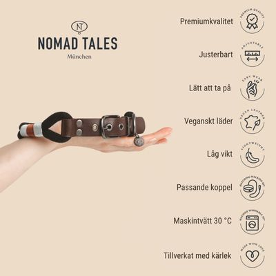Nomad Tales München hundhalsband av veganskt läder på hand. Egenskaper: premiumkvalitet, justerbart, lätt att ta på, låg vikt, maskintvätt 30 °C, tillverkat med kärlek.