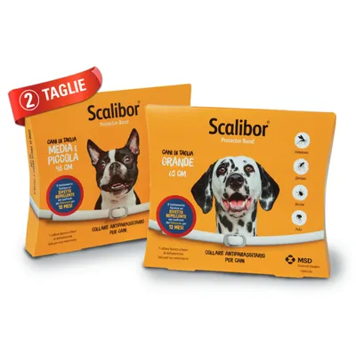 Scalibor Protector Band collare antiparassitario per cani, taglia media e piccola 48 cm, taglia grande 65 cm, effetto repellente fino a 12 mesi, visibili simboli di flebotomi, zanzare, zecche, pulci.