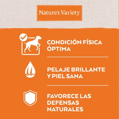 Nature’s Variety. Condición física óptima, pelaje brillante y piel sana, favorece las defensas naturales.