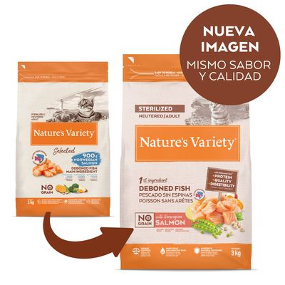 Nature's Variety para gatos esterilizados, salmón noruego sin espinas como ingrediente principal. Nueva imagen, mismo sabor y calidad. Sin cereales. Peso: 3 kg.