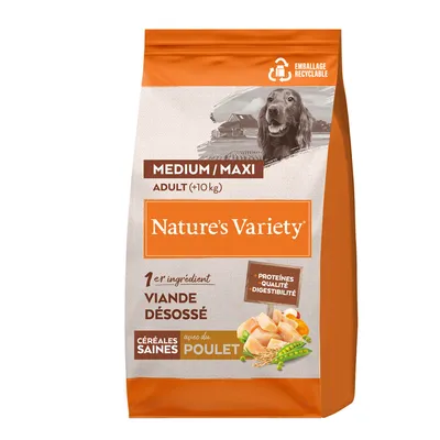 Sac de croquettes Nature’s Variety Medium/Maxi Adult (+10 kg), 1er ingrédient viande désossée, céréales saines avec du poulet, emballage recyclable, protéines qualité digestibilité visibles. Sac de croquettes Nature’s Variety Medium/Maxi Adult (+10 kg), 1er ingrédient viande désossée, céréales saines avec du poulet, emballage recyclable, protéines qualité digestibilité visibles.