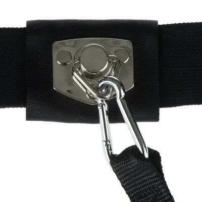 Gros plan sur une attache en métal fixée à une sangle noire, mousqueton métallique relié à la plaque. Matériaux visibles : métal et tissu.