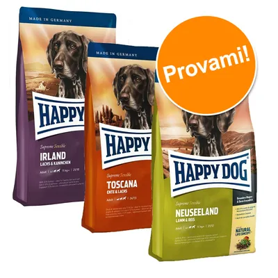 Tre confezioni di crocchette Happy Dog Supreme Sensible: Irland, Toscana, Neuseeland. Testo visibile: 'Provami!' su bollino arancione. Marchio e nomi dei gusti ben leggibili.
