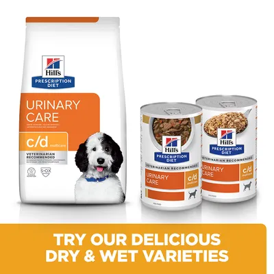 Hill's Prescription Diet Urinary Care c/d multicare suha i mokra hrana za pse, vidljive limenke i vreća s narančastom etiketom, tekst na engleskom: TRY OUR DELICIOUS DRY & WET VARIETIES.