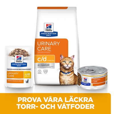 Hill's Prescription Diet Urinary Care c/d multicare kattmat, torrfoderpåse, våtfoderpåse och burk. Text: Prova våra läckra torr- och våtfoder.