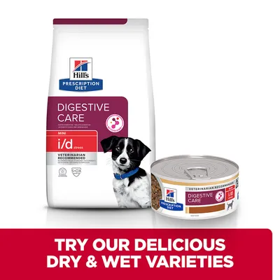 Hill's Prescription Diet Digestive Care MINI i/d stress suha i mokra hrana za pse, preporučuje veterinar. Tekst na engleskom: TRY OUR DELICIOUS DRY & WET VARIETIES.